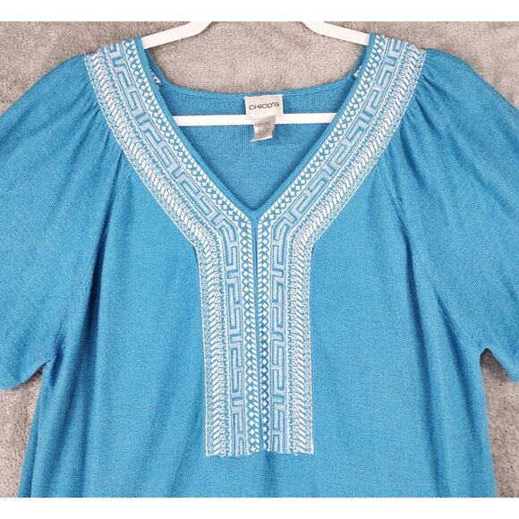 Chicos Shirt Womens 3 Blue Embroidered Linen Blend Casual Short Sleeve Blouse - Picture 6 of 10